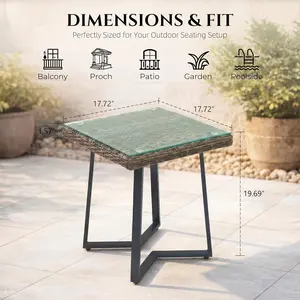 Outdoor Side Table, Handwoven Rattan Patio Side Table with Tempered Glass Top, Wicker Side Table for Patio, Porch, Balcony & Outdoor Use