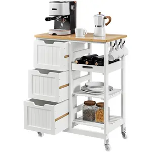 Yaheetech 33″ H Kitchen Storage Serving Cart, Rolling Kitchen Island with 3 Open Shelves, 3 Drawers, 6 Side Hooks for Kitchen Dining Room Coffee Bar