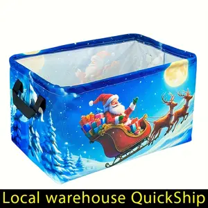 Festive Santa & Animals Christmas Storage Basket - Oversized, Foldable Fabric Organizer With Handle, Ideal For Toys, Clothes, And Gifts, Holiday Home Decor, Holiday Gift Basket | Winter Scene Design, Gift Basket Teacher Basket Book Basket, Laundry Baskets