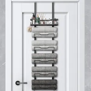 Door-Mounted Towel Rack with Shelf Holds 6 Large Towels Space-Saving Wall Mounted for Bathroom or Shower Door Black Metal Storage Rack