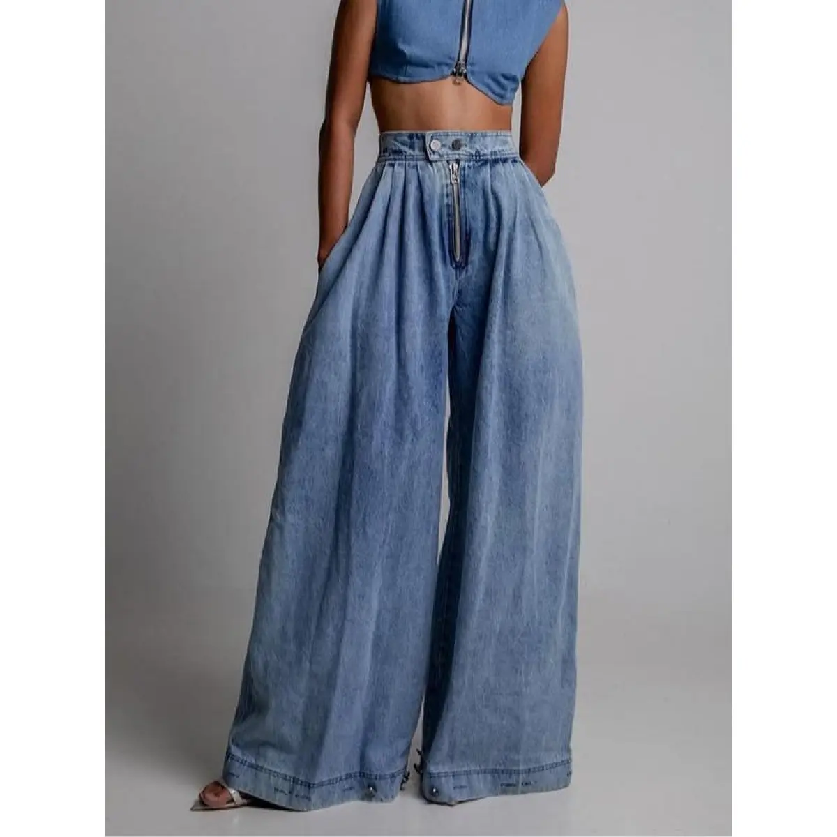 Women's High Waist Pleated Balloon Jeans Baggy Wide Leg Denim