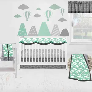 Bacati Clouds in the City 6-Piece Crib Bedding Set With Long Rail Guard Cover - Mint/Gray