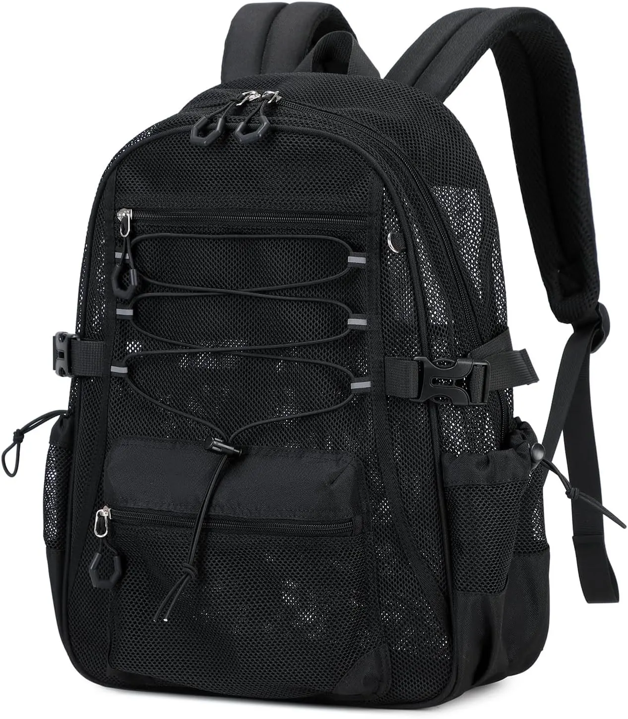 See-Through Mesh Backpack for School with 3d Foam Shoulder Straps, Lightweight, Ultra-Breathable Backpack for Beach, Swim, Gym, & Work, Black