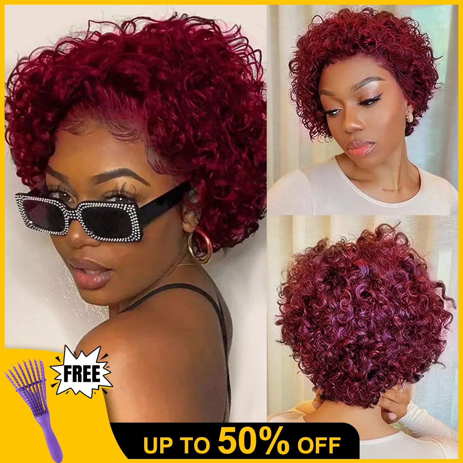 99J# Short Curly Lace Wigs Human Hair Pixie Cut Wig for Black Women 13x1 HD Transparent Pixie Cut Curly Lace Front Wigs Human Hair 150% Density Pre Plucked Glueless Wigs Burgundy
