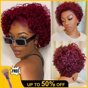 99J# Short Curly Lace Wigs Human Hair Pixie Cut Wig for Black Women 13x1 HD Transparent Pixie Cut Curly Lace Front Wigs Human Hair 150% Density Pre Plucked Glueless Wigs Burgundy