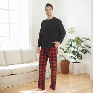 Mens Pajama Set Soft Microfleece Long Sleeve Henley Shirts Plaid Polyester Spandex Pants Pajamas Sets Comfortable Loungewear Winter Sleepwear Christmas Elastic