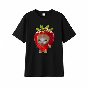 Adorable Strawberry Cat Graphic Tee For Men Lightweight Polyester Summer Casual Wear With Rib Knit Detail