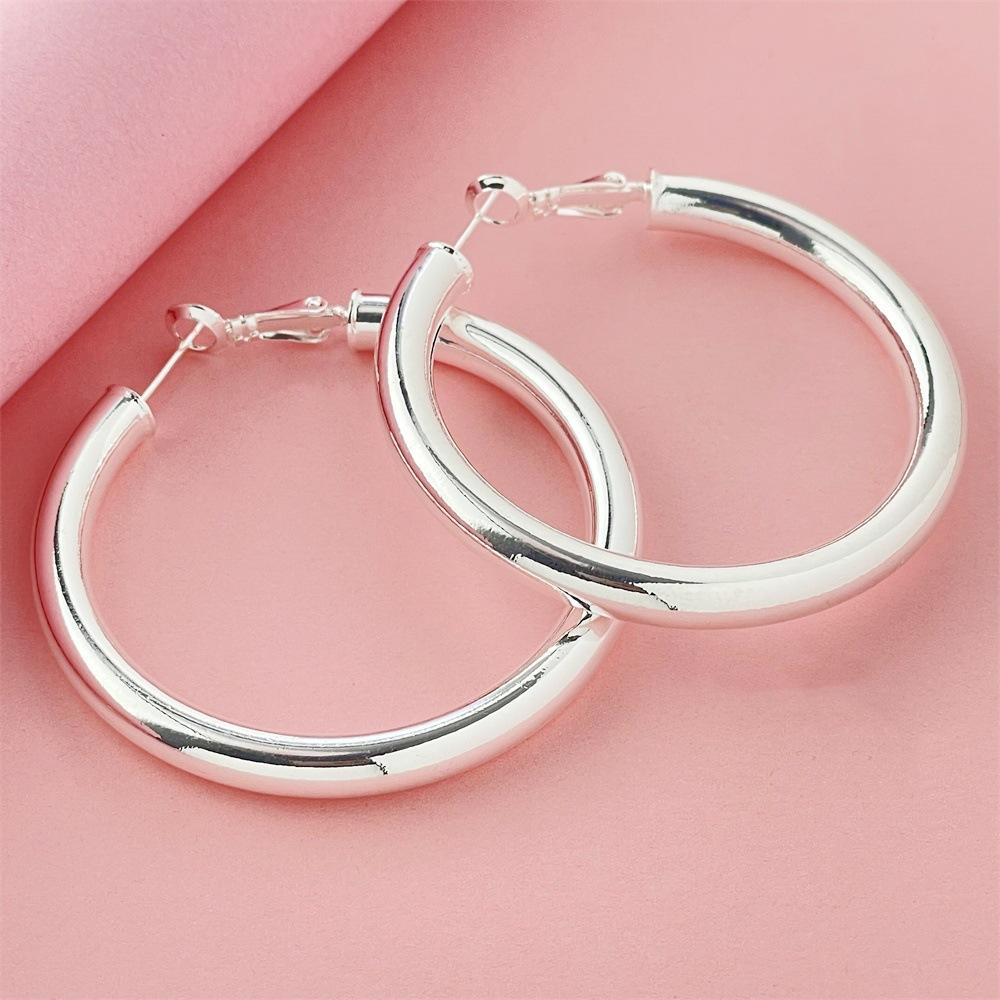 925 Sterling Silver Plated Post Chunky Hoop Earrings,  Earrings for Women Lightweight Hollow Tube 50MM Big Large Hoops for Women
