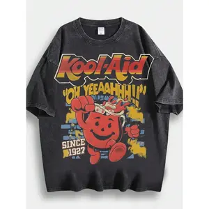 Men's Hip-Hop Style Washed T-Shirt With Kool-Aid Cartoon Print, Unique Design, 100% Cotton, Loose Fit, Short Sleeves,Fashionable Men Spring/Summer Top,Streetwear,Machine Washable All-seasons Comfort Fit