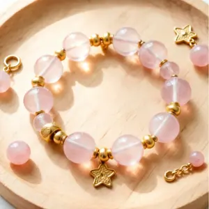 Natural Ice-Pink Rose Quartz Crystal Star Charm Bracelet | Matte Gold Coin Beaded Elastic Bangle, Balletcore Romantic Aesthetic, Healing Crystal Jewelry Gift