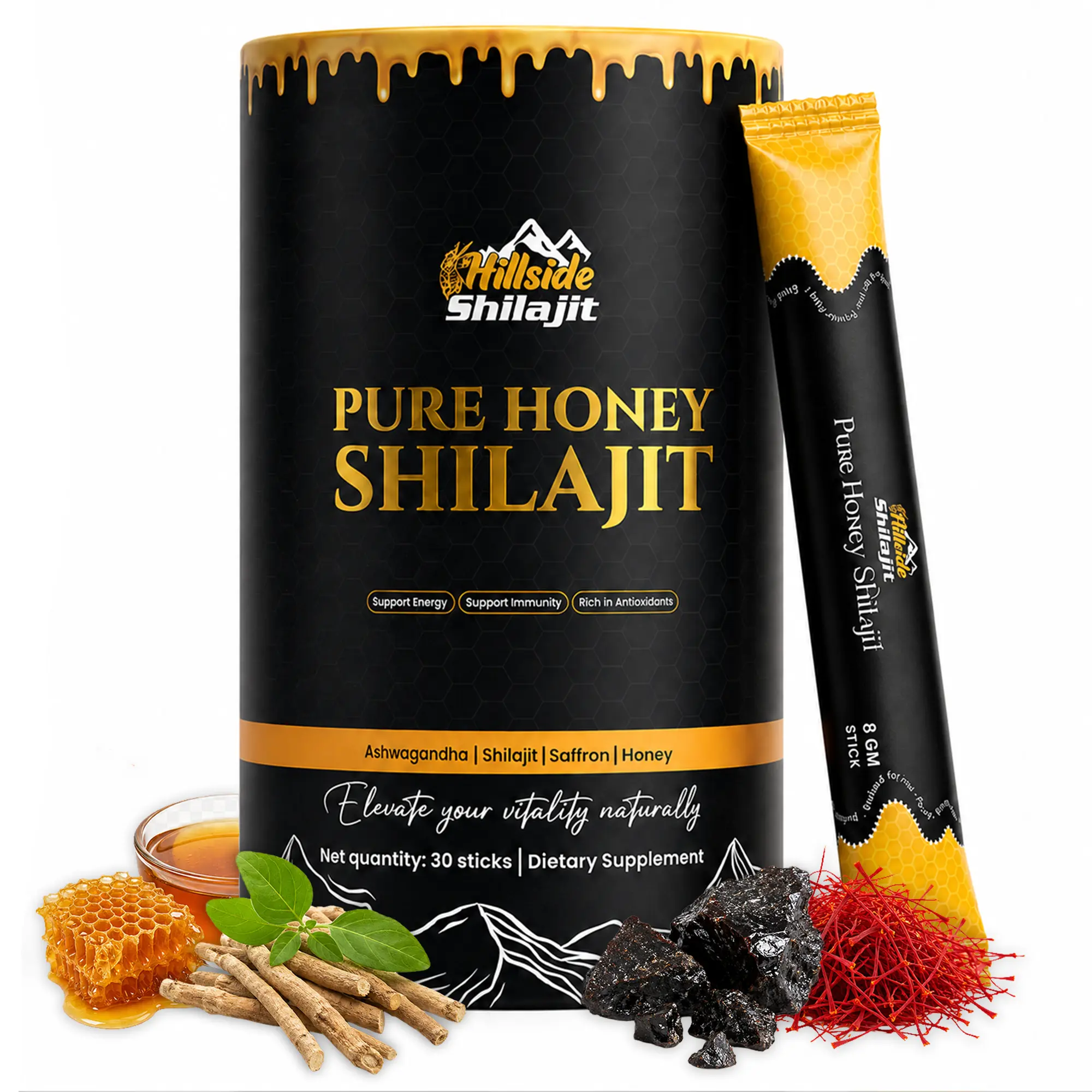 HILLSIDE SHILAJIT Pure Himalayan Shilajit Vitamin Sticks for Men - with Honey, Ashwagandha & Saffron - 250mg Shilajit Resin - Energy, Immunity & Antioxidant Support - 30 Sticks, 30 Day Supply