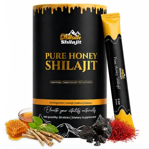 HILLSIDE SHILAJIT Pure Organic Halal Honey Herb Sticks - 250mg Himalayan Resin, Ashwagandha, Saffron Herbs Blend, Natural Chemical-Free Dietary Supplement for Adults, Energy & Immunity Boost, 30-Stick 30-Day Supply