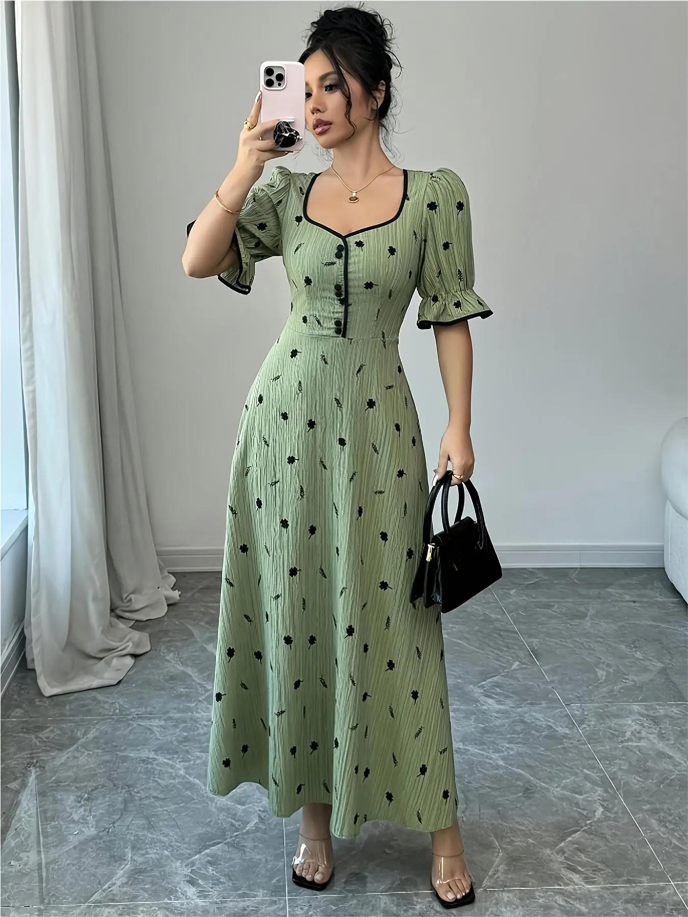 Women's All Over Print Button Decor Dress, Elegant Fashion Casual Short Sleeve Dress for Daily Outdoor Wear, Women's Dress for Summer, Casual Fashion Dresses, Buttoned Dress