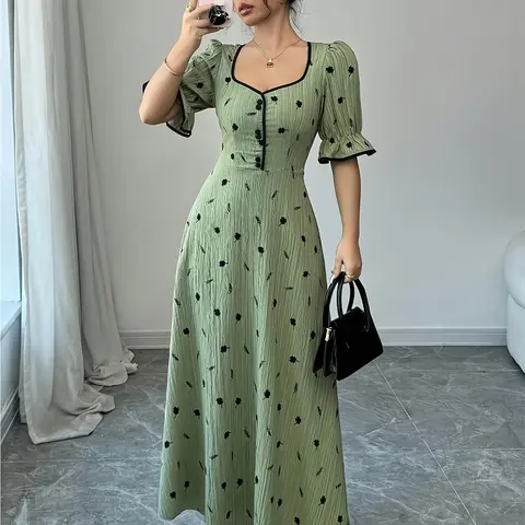 Women's All Over Print Button Decor Dress, Elegant Short Sleeve Dress for Daily and Outdoor Wear, Women's Dress for Summer, Casual Fashion Dresses, Casual Chic Dress