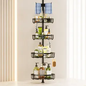 littleox Black 4-Tier Rustproof Corner Shower Caddy Tension Pole, Adjustable 62-115 Inch No Drill Bathroom Corner Storage Shelf, Bathtub Shower Organizer Rack for Shampoo Toiletry Bathroom Accessories
