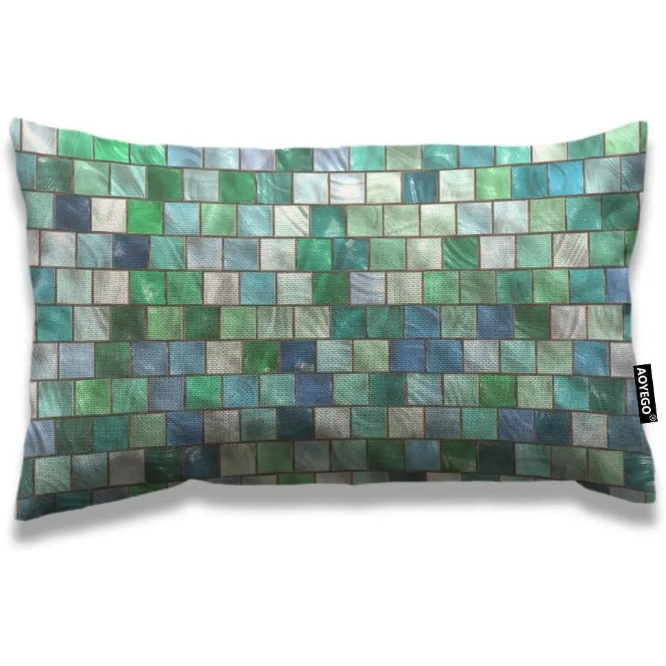 Cotton Linen Rectangular Cushion Cover - 12x20 in/20x12 in 2-Side Print Green Blue White Geometric Squares Cubes Decorative Case for Bed, Sofa, Ideal for Parents