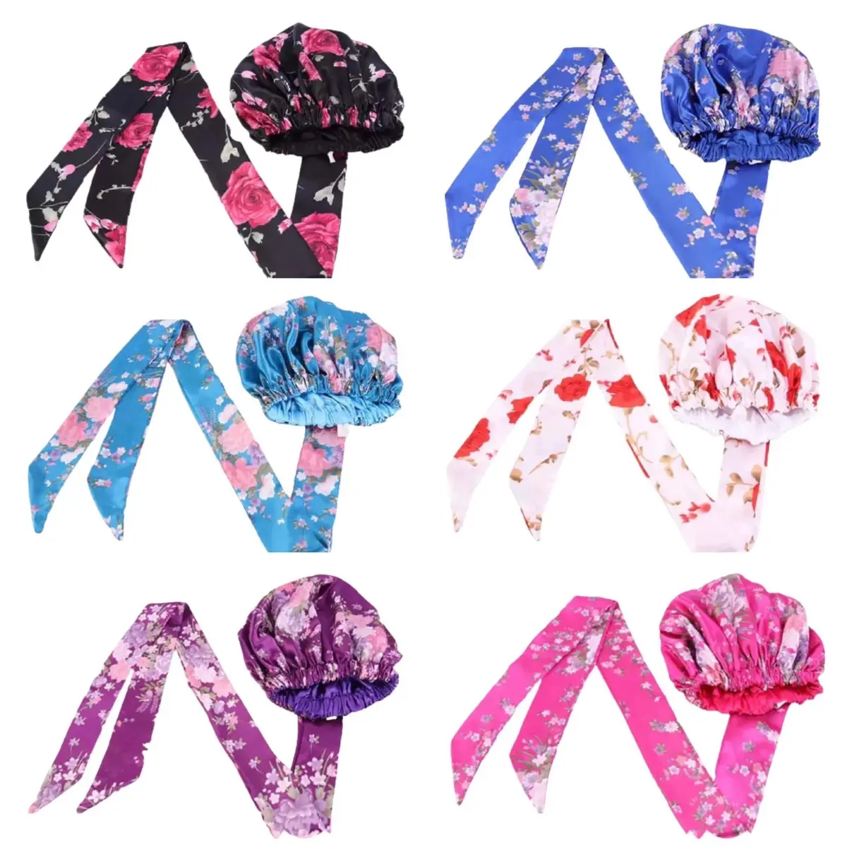 Floral Satin Reversible Bonnets with attached Edge Scarf