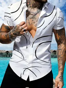 Men's White Printed Short Sleeve Collared Shirt, Trendy Casual Design, Slim Fit Cut, Summer Fashion Item