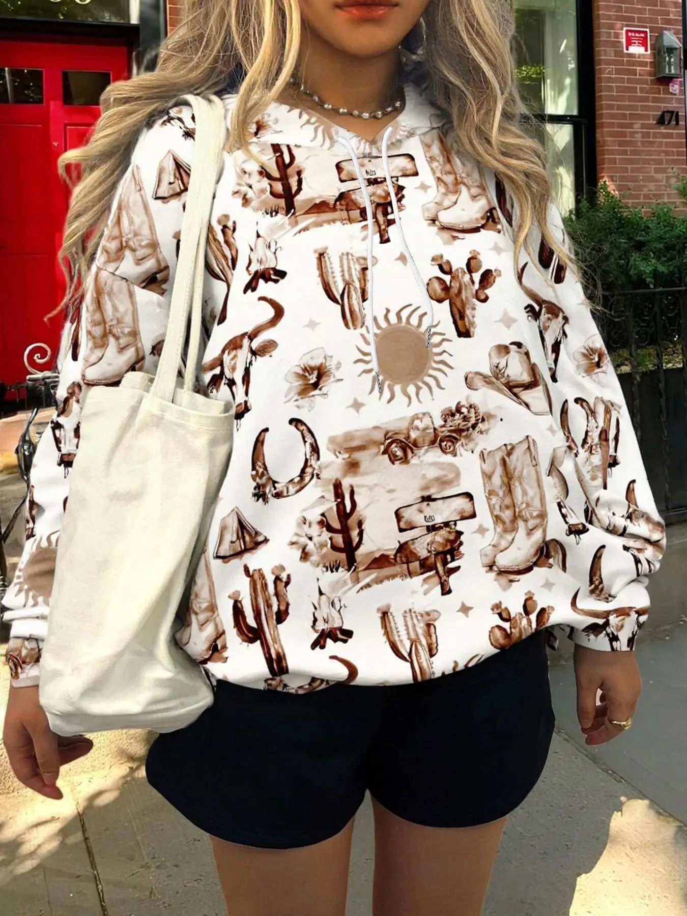 Unisex Fall Winter Sweatshirt, Bull Head Cow Boots & Cactus Boho Bohemian Graphic Graffiti Print Hoodie, Casual Fitted Design, Perfect for Leisure Wear