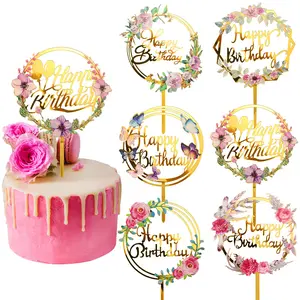 6 Pieces Happy Birthday Cake Toppers Gold Flower Acrylic Cupcake Cake Toppers for Various Birthday Party Anniversary Pastries Decorations