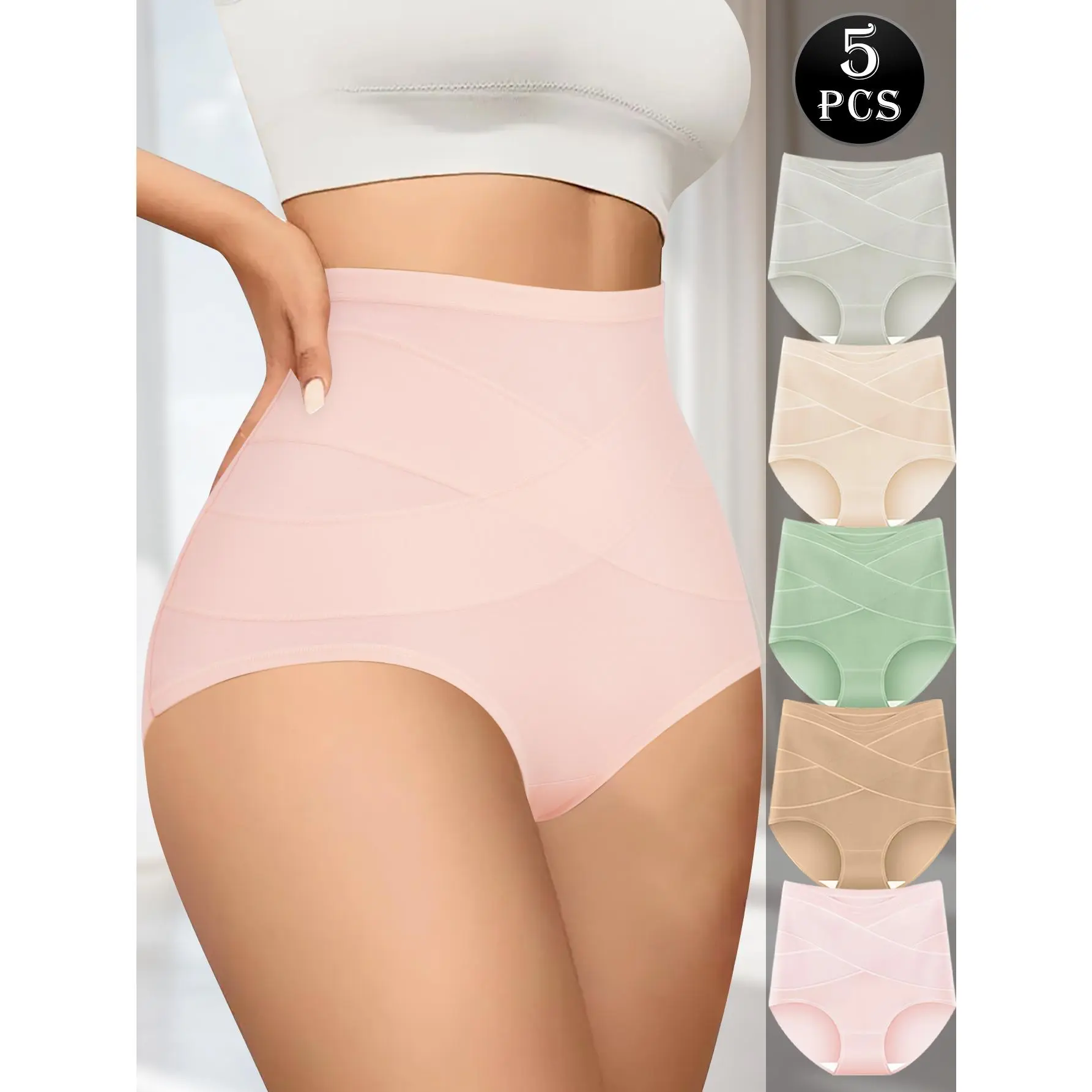 QUASTI Women's 5PCS/5 Mix Colors High-Waisted Smooth Soft Light Cotton Crossover Panties, Adjustable Fit Breathable Minimalist Tummy Control Full-Coverage Seamless Skin-Friendly Basic Everyday Underwear, S-XXL