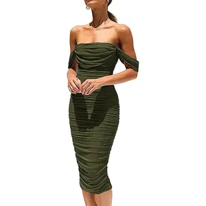 PrettyGarden Women's Summer Midi Dress Off Shoulder Ruched Bodycon Dresses Sleeveless Fitted Party Club Cocktail Womenswear