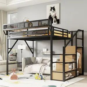 Queen Size Loft Bed with Stairs, Heavy-Duty Metal Queen Loft Bed Frame with Storage Shelves, High Loft Bed with Wardrobe for Teens Adults, Noise Free, Black