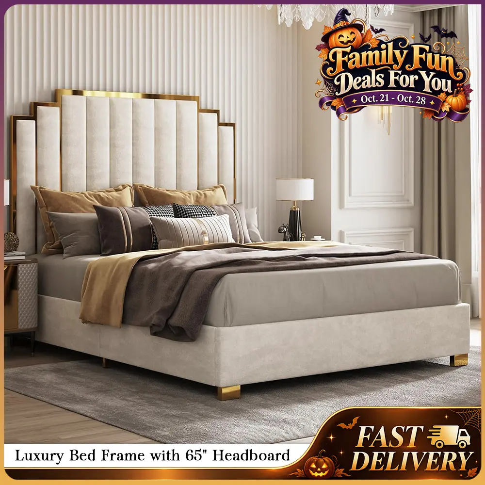 AMERLIFE Bed Frame with 65" Headboard, Upholstered Platform Bed with Golden Plating Trim, Modern Luxury Bed Frame, No Box Spring Needed/No Mattress/Queen/King/Christmas Gifts/Best Gift Ideas/Cozy Home