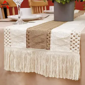 Natural Burlap Macrame Table Runner 72" x 12", Minimalist Boho Modern Farmhouse Decor, Rustic Woven Cotton Linen Runner for Dining Table
