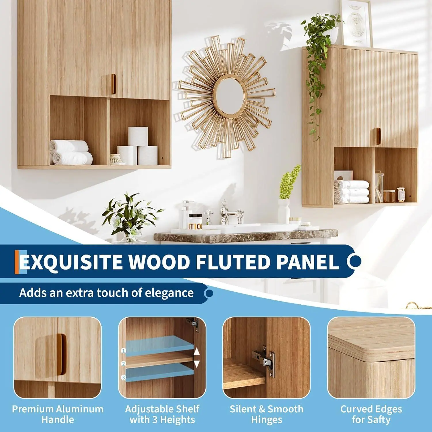 Fluted Bathroom Wall Cabinet Over The Toilet Storage Medicine Cabinet with Adjustable Wood Shelf Doors and Open Storage Space Floating Bathroom Cabinet Over Toilet for Laundry Living Room- Natural