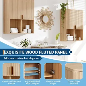 Fluted Bathroom Wall Cabinet Over The Toilet Storage Medicine Cabinet with Adjustable Wood Shelf Doors and Open Storage Space Floating Bathroom Cabinet Over Toilet for Laundry Living Room- Natural