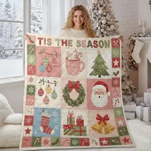 Christmas Quilt Blanket – Patchwork Throw, Ornaments Tree Wreath Santa, Printed Blanket, Western Movie BlanketGift Gift For Kids, Christmas Gift, Halloween Gift
