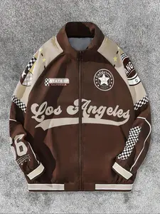 Men's Colorblock Letter Print Graphic Zip Up Long Sleeve Jacket, Regular Fit Casual Raglan Sleeve Stand Collar Outerwear for Daily Wear, Men's Clothing for Spring & Fall, Casual Fashion Coat, Menswear