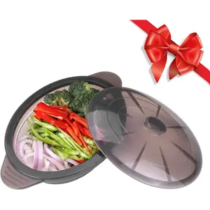 Microwave Steamer Cooker Collapsible Bowl Silicone Baked Potato Cookware with Handle Lid for Vegetables Fish Prep Meal Food with Removable Rack BPA Free Easy to Store Freezer Dishwasher Safe Black