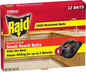 Raid Double Control Small Roach Baits 12 Count Child Resistant for Indoor Use Kills Roaches for 3 Months Palmetto Bugs & Waterbugs