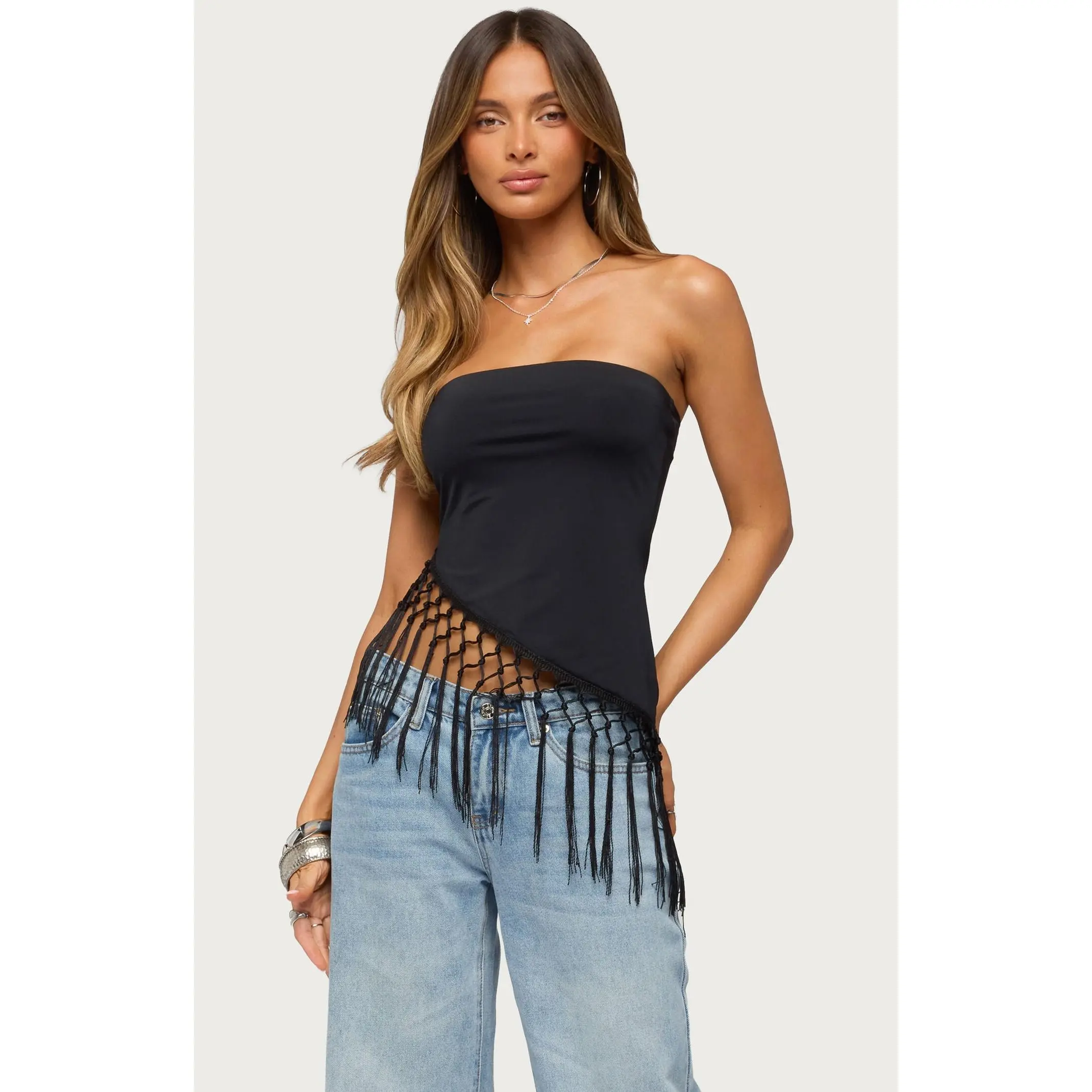 Edikted Women's Sarika Asymmetric Fringe Strapless Top