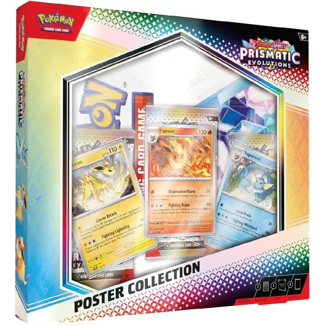 Pokémon Scarlet & Violet Prismatic Evolutions Poster Collection with 3 Foil Promo Cards Featuring Flareon, Vaporeon, & Jolteon & 3 Booster Packs