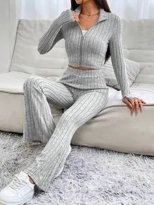 Stand Collar Navel T-shirt and Trumpet pants Fit Womenswear waydamin  2 piece set Lady Overalls Medium Comfortable Chic Suits