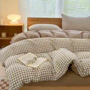 Twin Grid Gingham Duvet Cover Set Tan - Washed Soft Comforter Cover Set Brown Lightweight Bedding Set (2PCS, Twin)