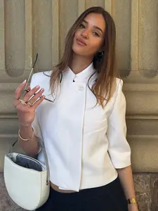 Women's Clothing White Short Sleeve Blazer Summer Jacket Women Asymmetric Button Closure Single Pocket Detail Minimalist Elegant Women's Clothing Office Look Spring Woman