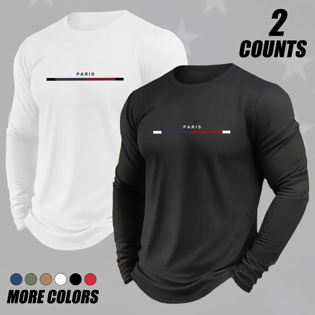 Men's Polyester Clothes, 2-Pack Long-Sleeve Athletic Top, Solid Color Regular Fit Crew Neck Casual Sports Tops for All Seasons, Solid Colors
