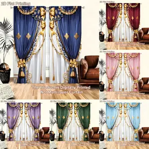 2 elegant and luxurious blue gold patterned polyester semi transparent curtains, modern four season design, 100% polyester, filter, with pole bag, easy to hang, very suitable for kitchen, laundry room, bedroom, study, living room