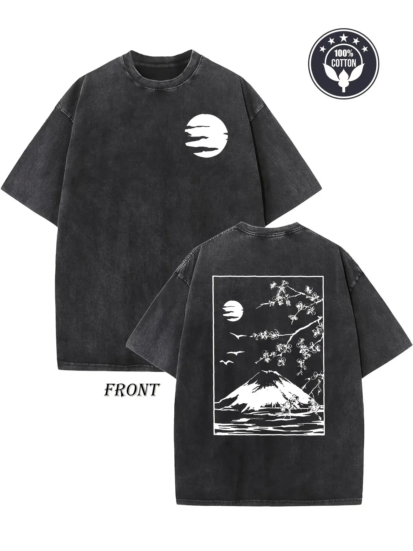 Vintage Japanese Fuji Cherry Blossom Moon Front Back Double Print T-Shirt, Washed Black Oversized Cotton Crewneck Tee, Traditional Oriental Landscape Bird Minimal Streetwear Gift Top For Men Women