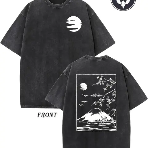 Vintage Japanese Fuji Cherry Blossom Moon Front Back Double Print T-Shirt, Washed Black Oversized Cotton Crewneck Tee, Traditional Oriental Landscape Bird Minimal Streetwear Gift Top For Men Women
