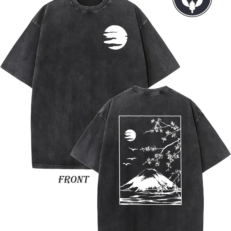 Vintage Japanese Fuji Cherry Blossom Moon Front Back Double Print T-Shirt, Washed Black Oversized Cotton Crewneck Tee, Traditional Oriental Landscape Bird Minimal Streetwear Gift Top For Men Women