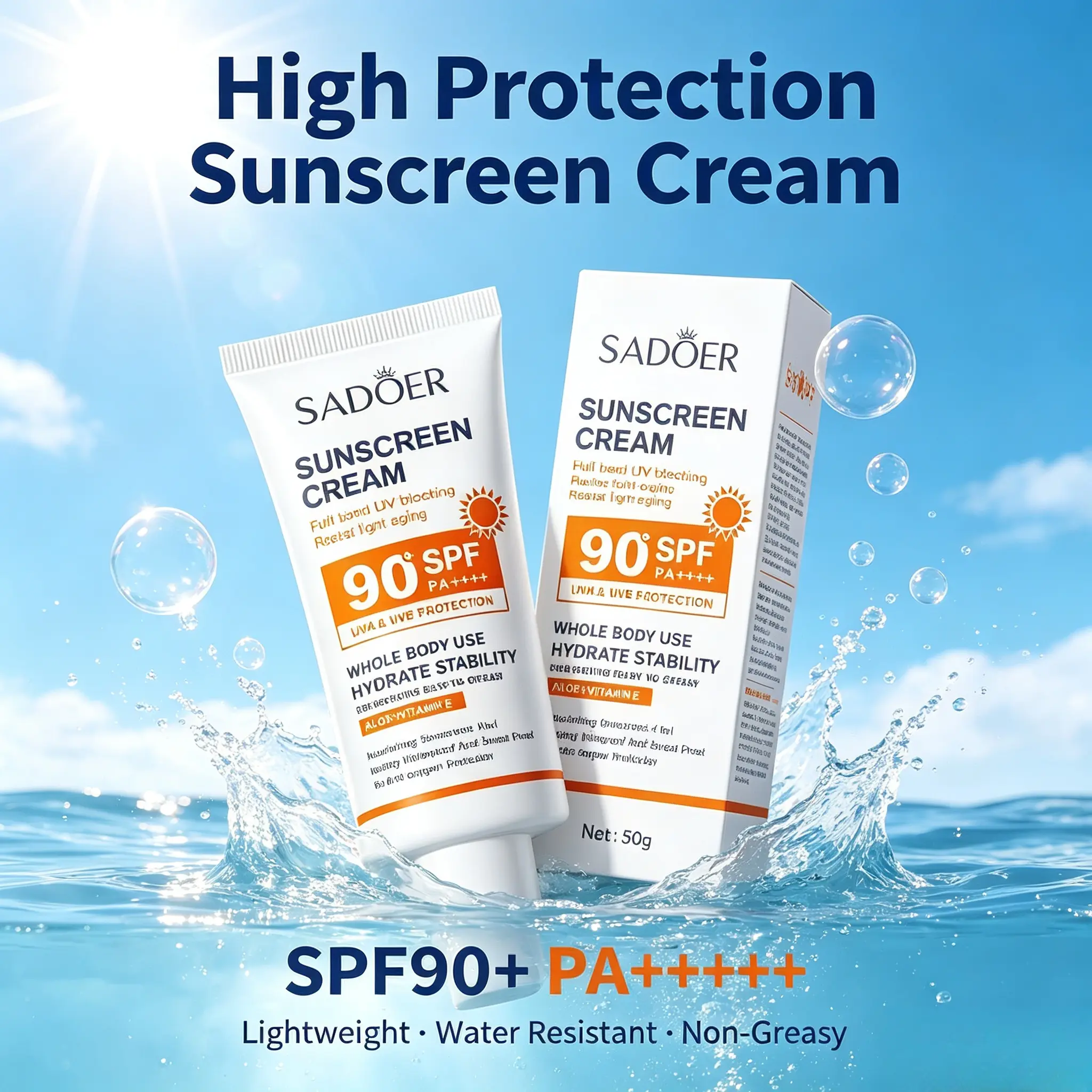 SADOER High Protection Sunscreen Cream, SPF90+ PA++++, Water Resistant Sunscreen for Daily Sun Care