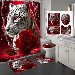 4 count Red Rose and Leopard Shower Curtain Bathroom Set with Non-Slip Rugs, Toilet Lid Cover and Bath Mat, Red Bathroom Decor Set Accessories Shower Curtains with 12 Hooks, 72 x 72 Inch