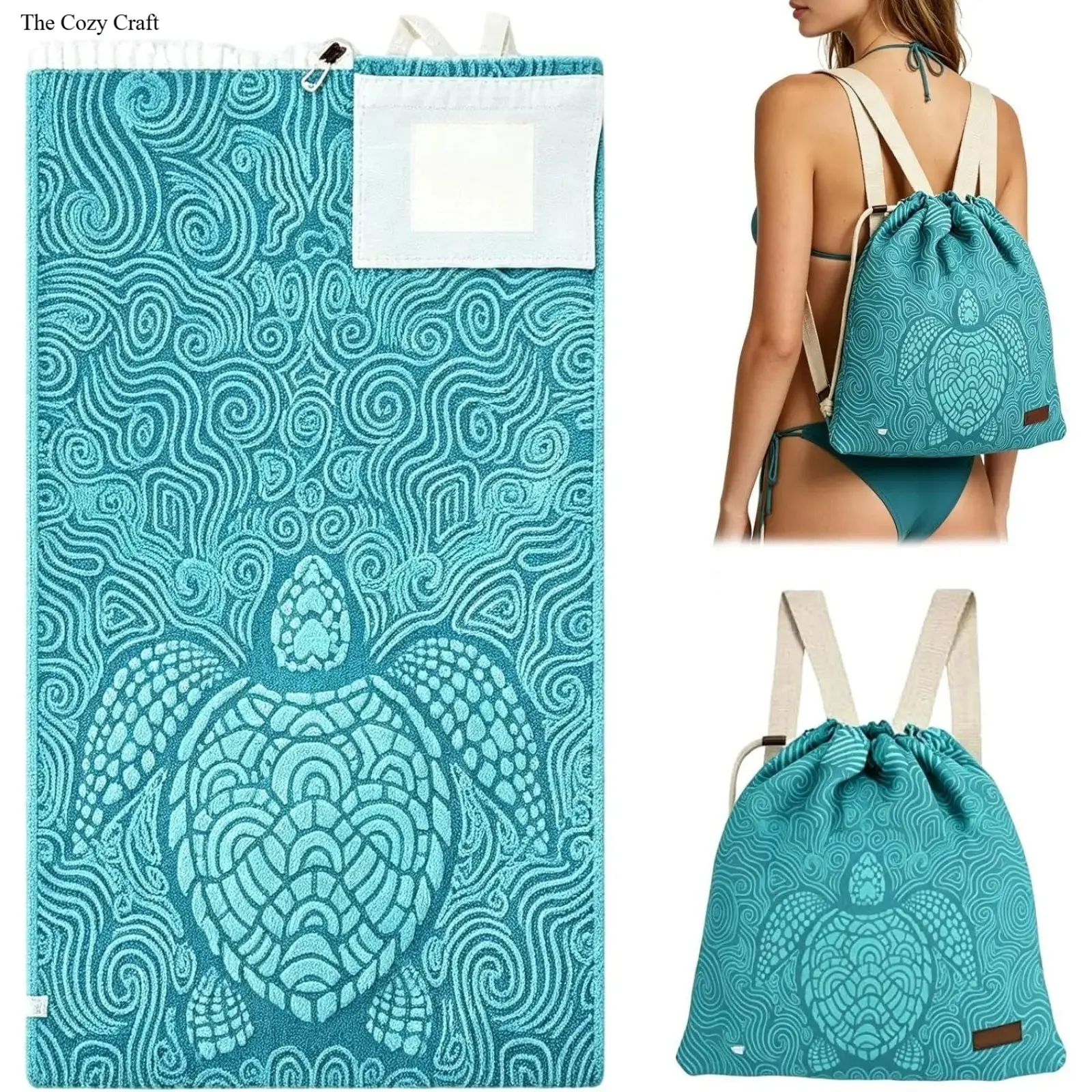 2-in-1 Convertible Towel Backpack Duffel/Weekender Bag for Adults - Oversized Waterproof Cloth Dry Bag with Zip Closure, Turtle Print, Soft Microfiber Hands-Free Unisex Summer Essential for Beach, Travel