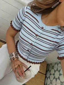 Women's Spring & Summer Striped Color Block Short Sleeve Knit Vest, Elegant Hemline, Perfect for Photoshoots, Daily Wear, Casual Strolls