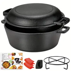 1PC 2-in-1 pre-seasoned cast iron Dutch oven set, ilicone lid, spatula, and stand, suitable for baking bread, camping, and stove use, a must-have for camping
